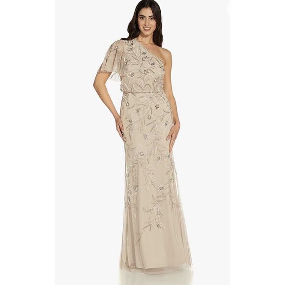 Adrianna Papel One Shoulder Beaded Formal Gown Biscotti New With Tags size 12 - Picture 2 of 14
